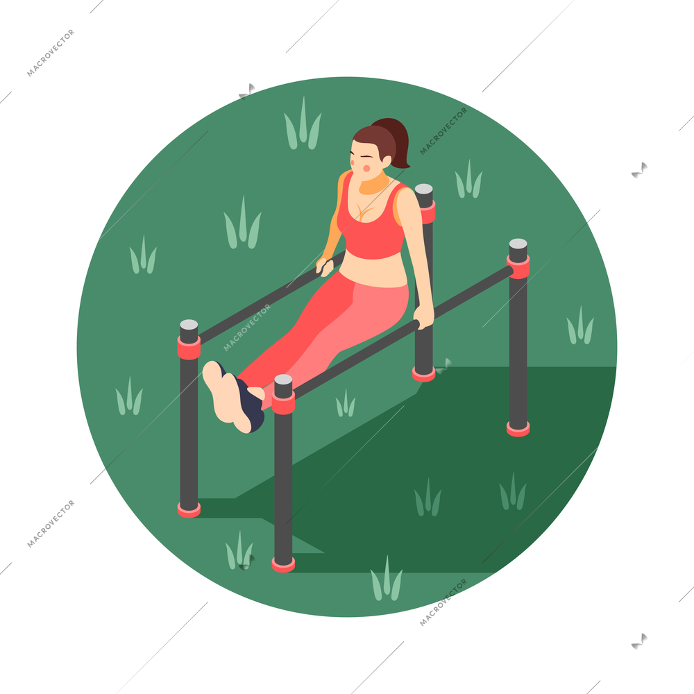 Isometric round body workout composition with woman exercising on parallel bars outdoors 3d vector illustration