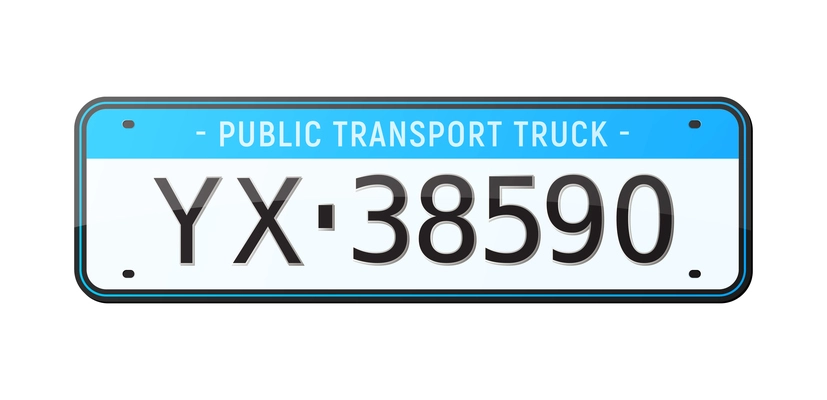 Realistic public transport truck car number plate in blue and white color vector illustration
