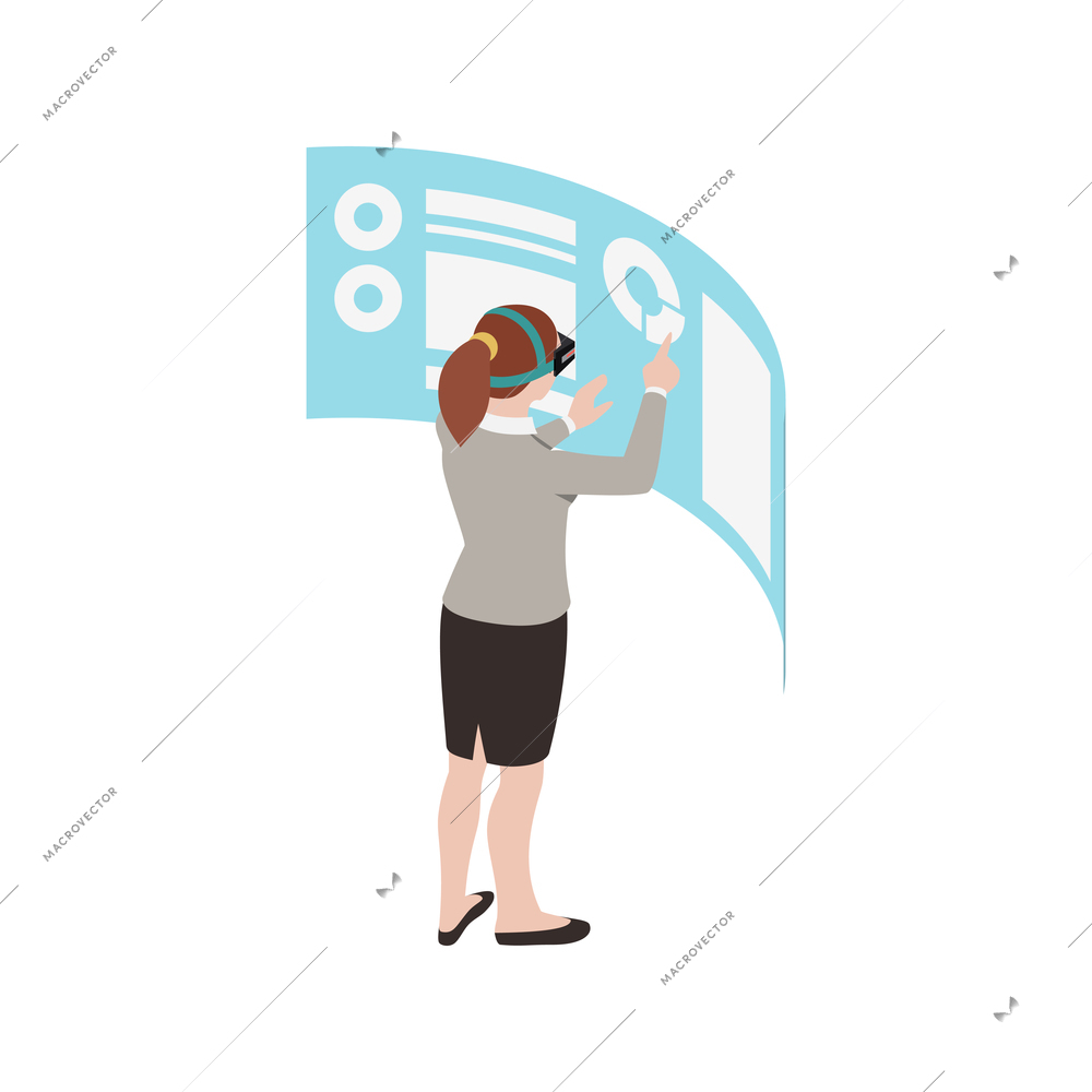 Female character with virtual reality glasses using touch screen interface isometric vector illustration