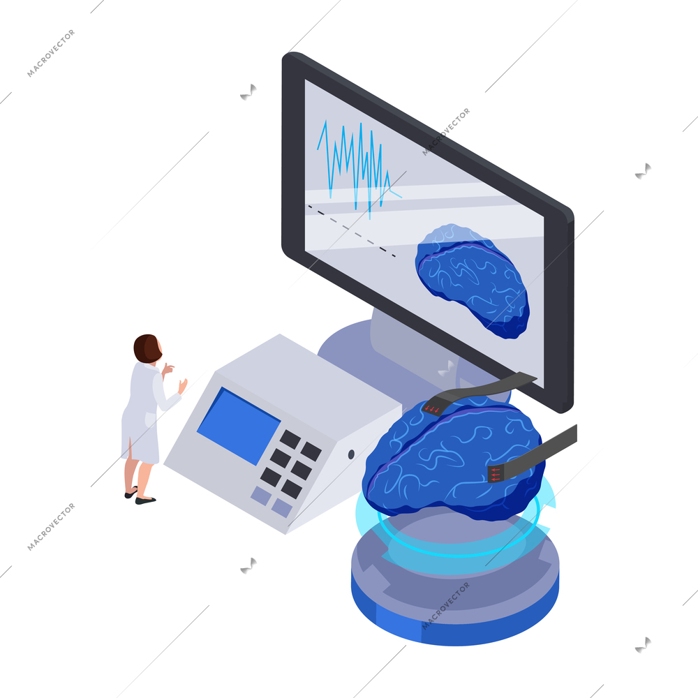 Future technology isometric icon with human brain computer equipment and character vector illustration