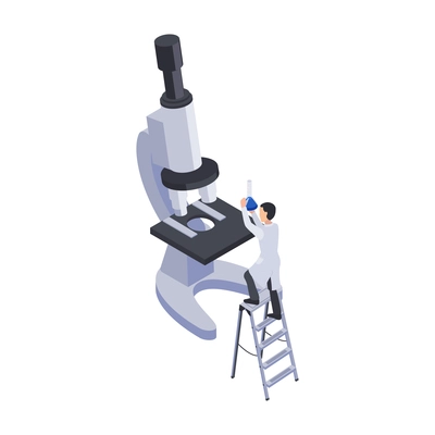 Future technology isometric icon with microscope and tiny character holding laboratory flask vector illustration