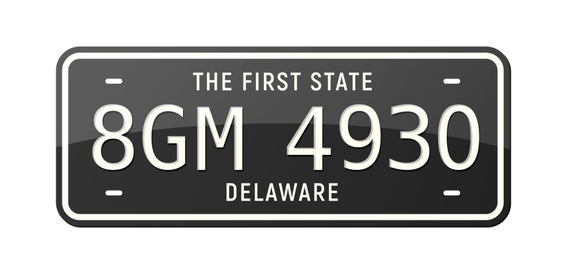 Realistic car number plate of delaware state in black color vector illustration