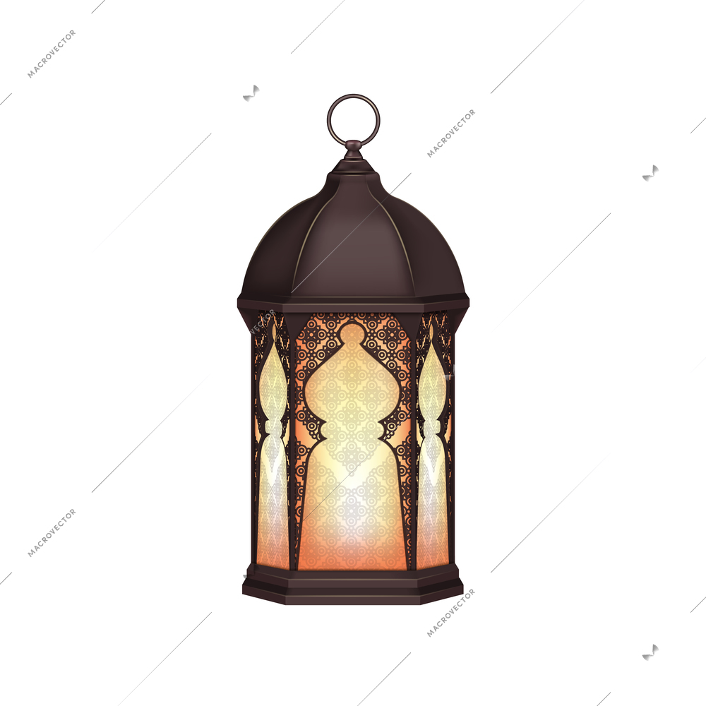 Ramadan lantern with burning candle on blank background realistic vector illustration