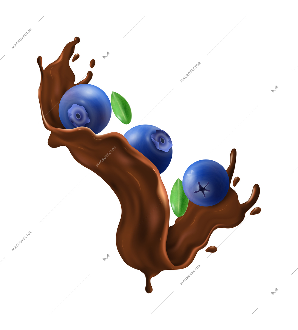 Three fresh bluberries in dark chocolate splashes realistic vector illustration