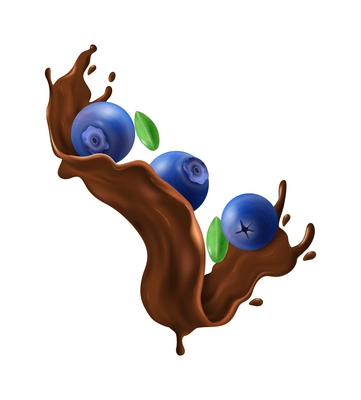 Three fresh bluberries in dark chocolate splashes realistic vector illustration