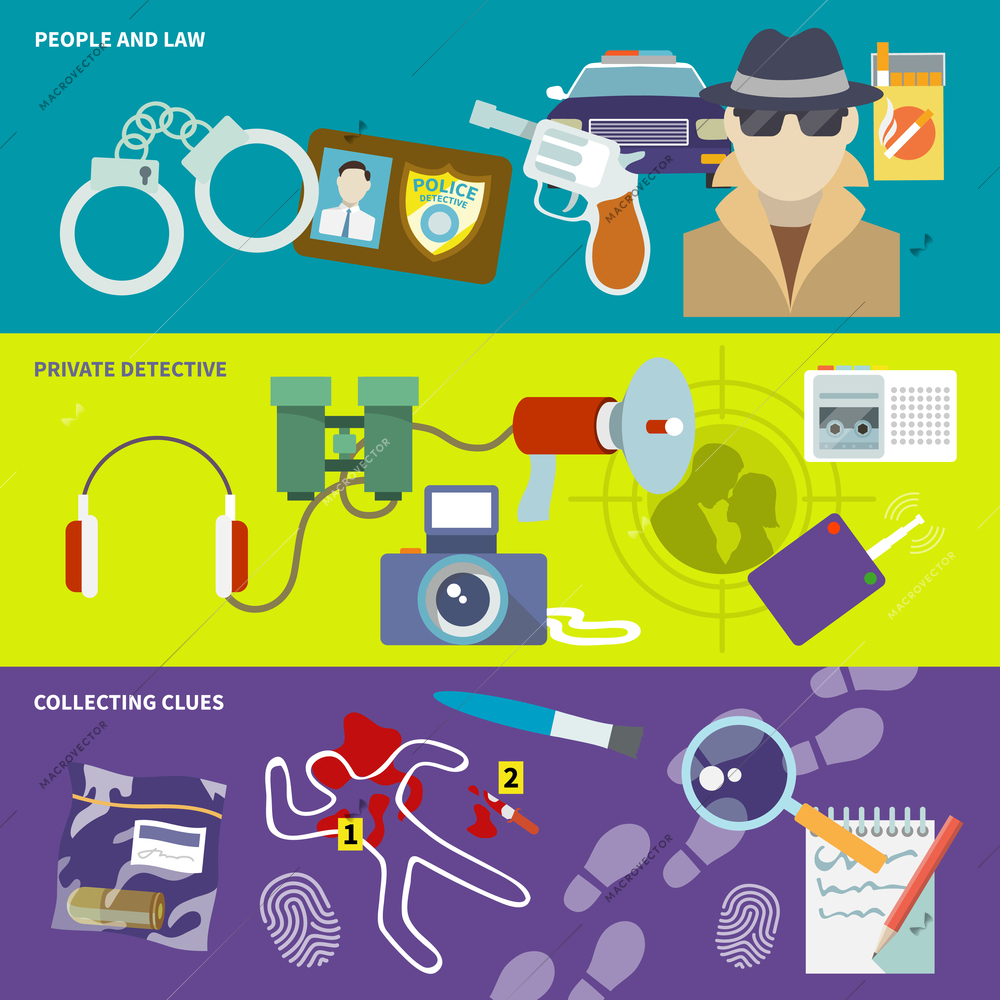 Police detective banner set with people and law collecting clues observation isolated vector illustration