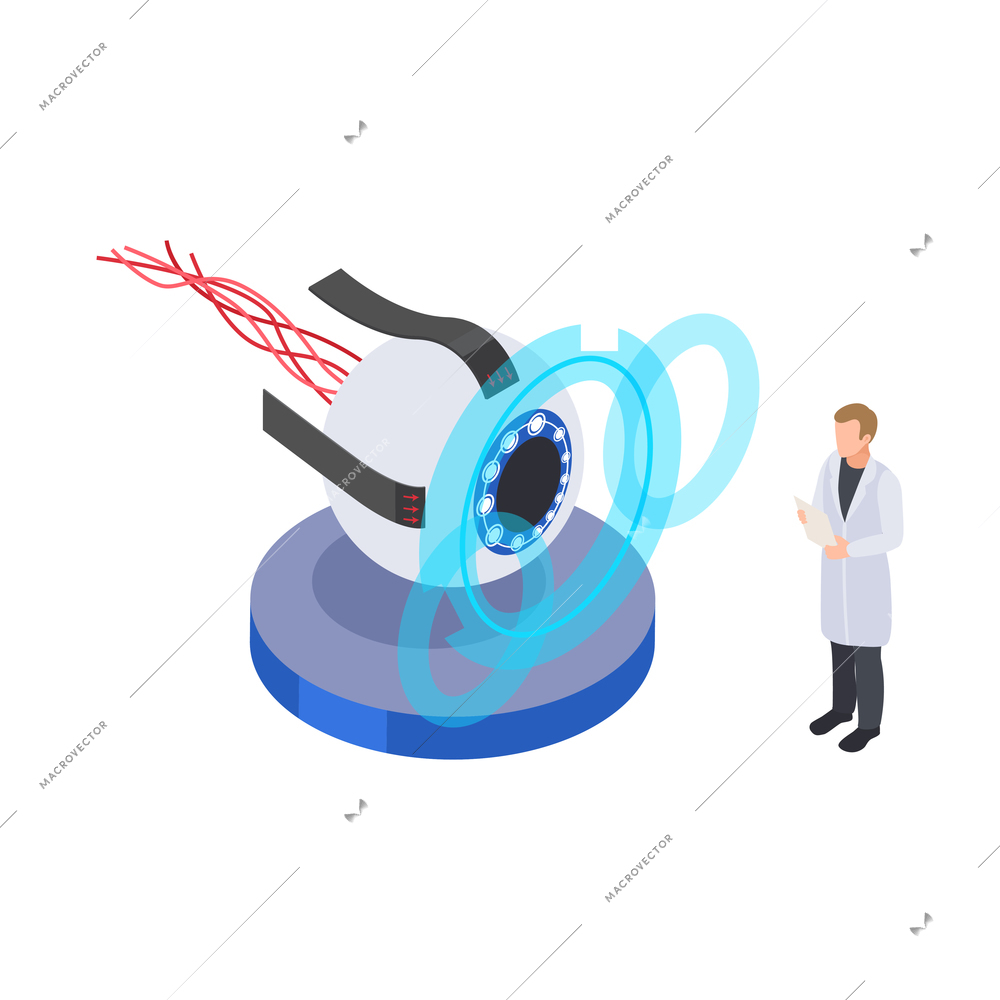 Future technology isometric icon with character of scientist and robotic eye 3d vector illustration