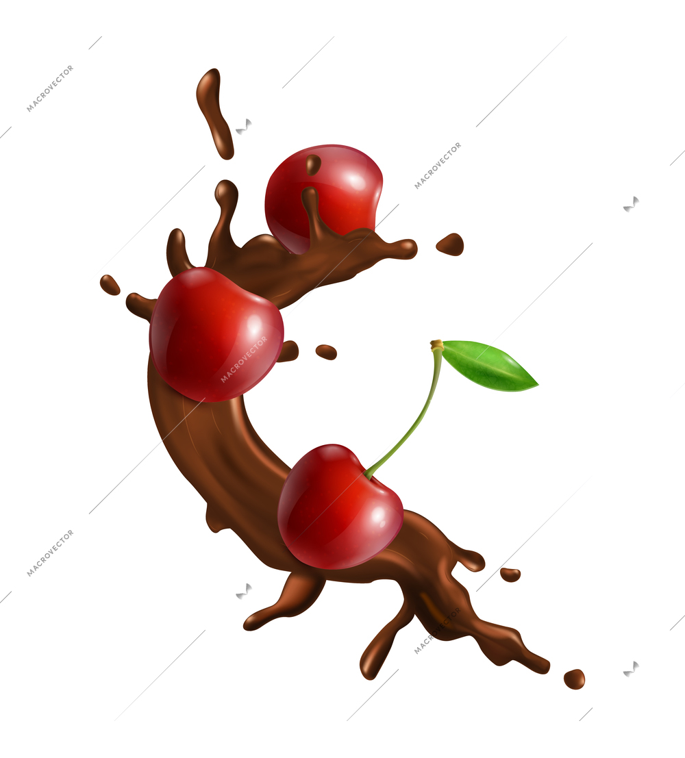 Realistic dark chocolate splash with fresh cherries vector illustration