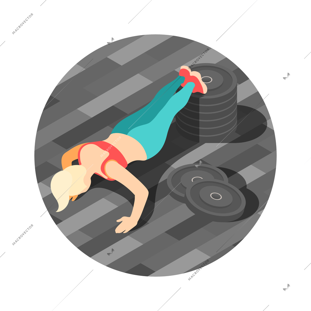 Crossfit isometric round composition with woman doing push ups in gym 3d vector illustration