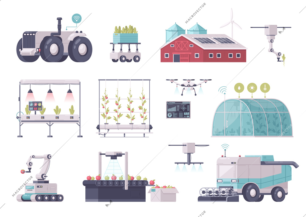 Smart farming cartoon set of isolated icons images of self operating trucks carts and growing appliances vector illustration