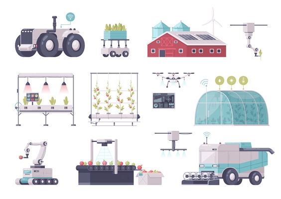 Smart farming cartoon set of isolated icons images of self operating trucks carts and growing appliances vector illustration