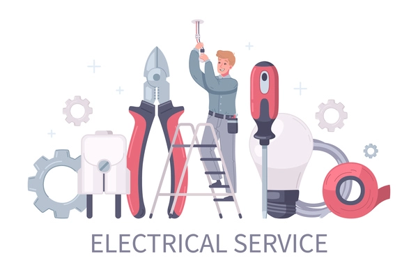 Electrician cartoon composition with editable text and character of man on ladder surrounded by handy tools vector illustration