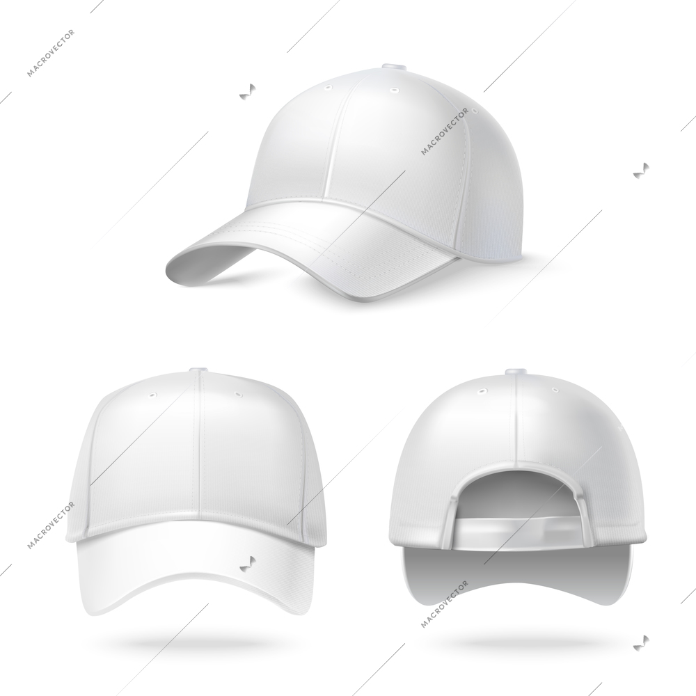 Realistic back front and side view white baseball cap isolated on white background vector illustration