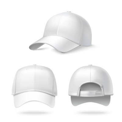 Realistic back front and side view white baseball cap isolated on white background vector illustration