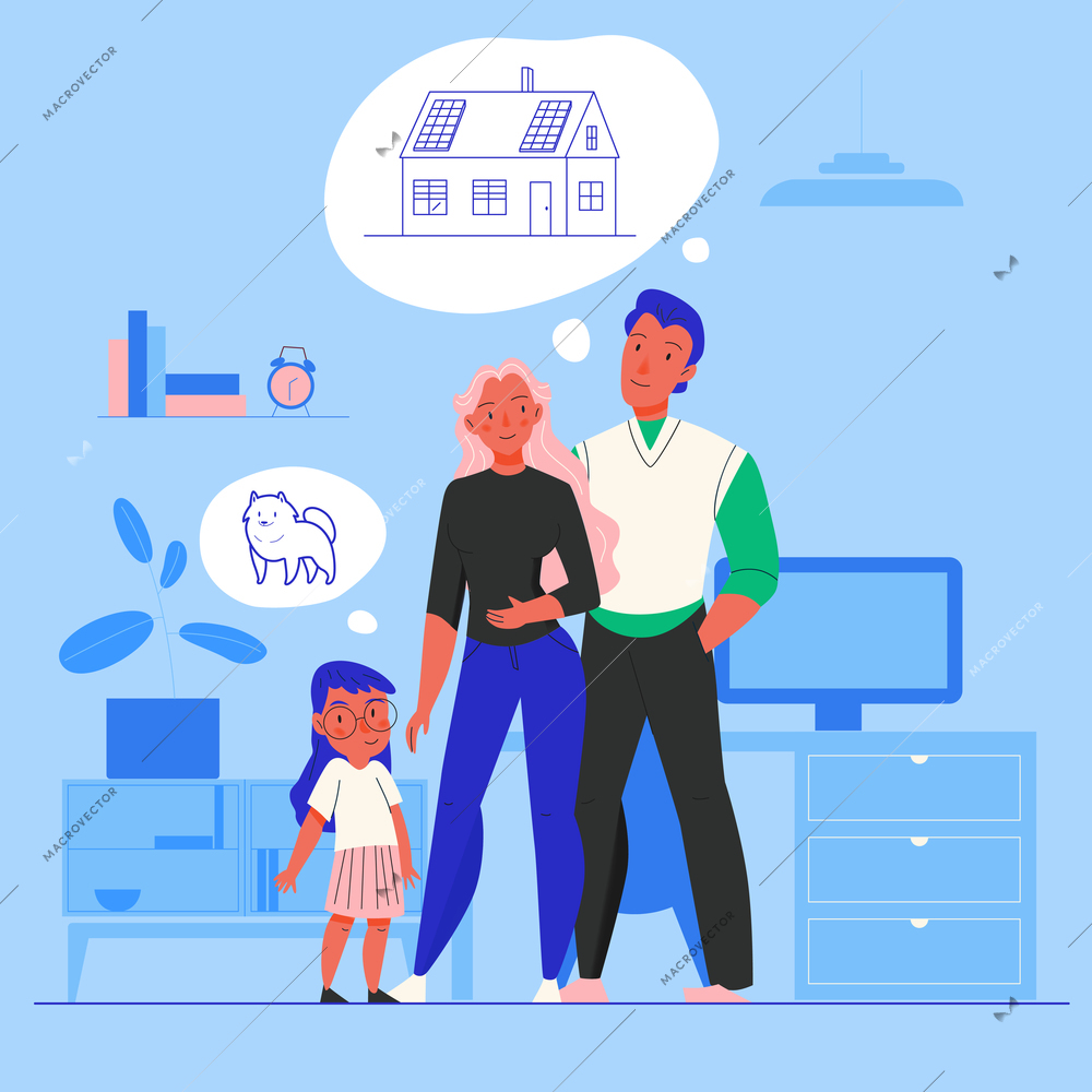 Dreaming people concept with family and house symbols flat vector illustration