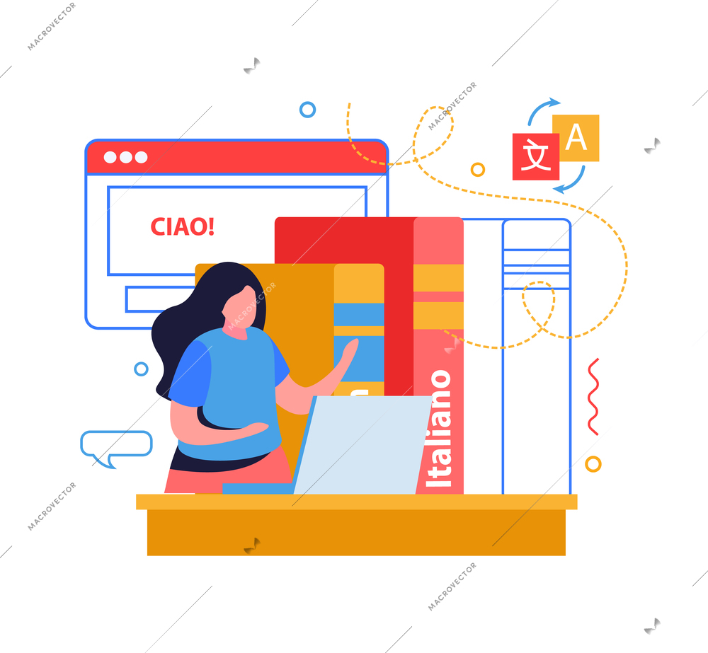 Distance education flat concept with woman learning foreign language using laptop vector illustration