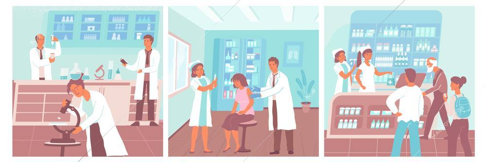 Vaccination composition set with people getting and buying vaccine working in scientific laboratory flat isolated vector illustration