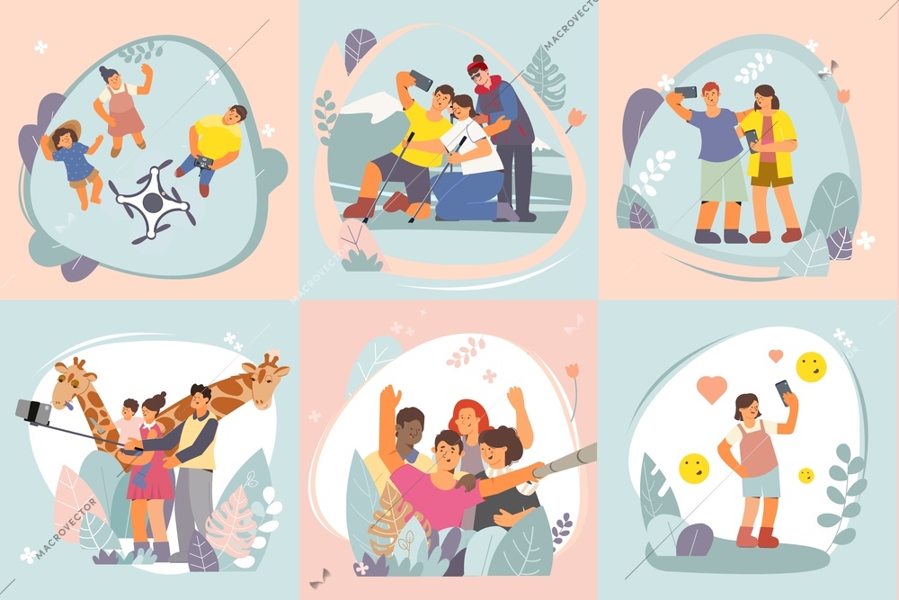 Set of color compositions showing how to take a selfie flat vector illustration
