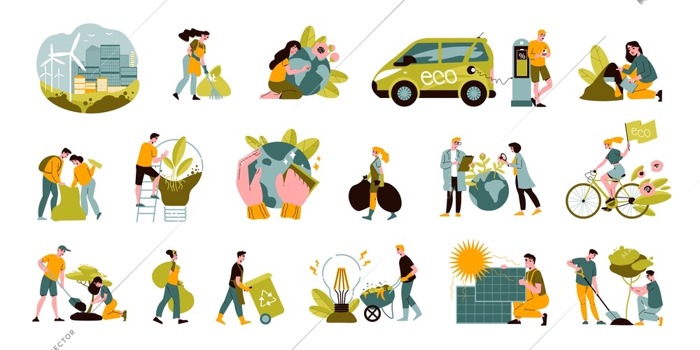 Ecology green energy set of flat icons with windmill electric car solar panel characters planting trees collecting garbage riding bike isolated vector illustration