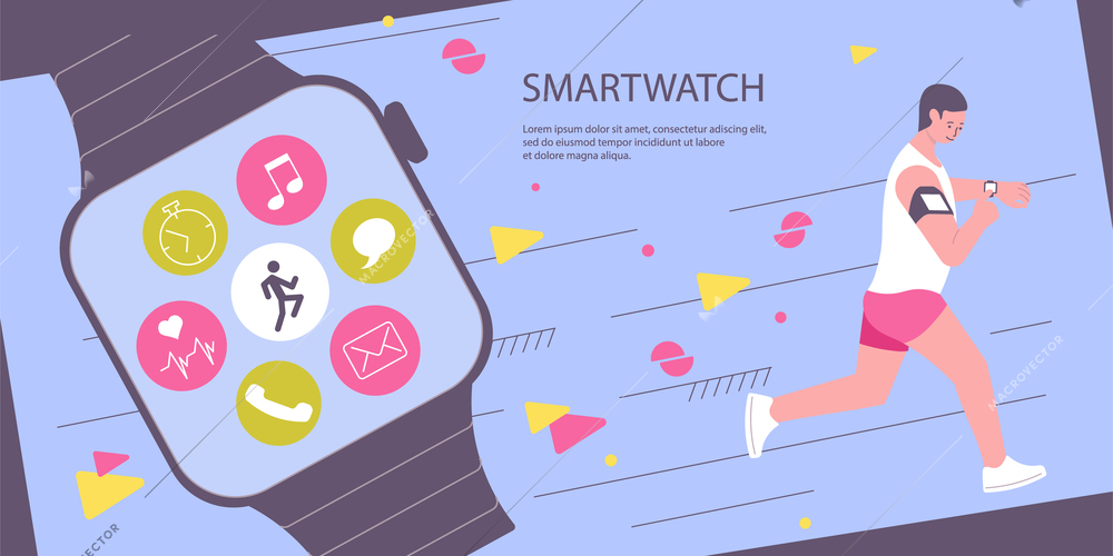 Sport gadget flat composition with editable text and running athlete with image of smart watch apps vector illustration