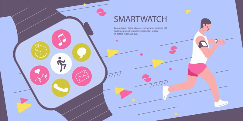 Sport gadget flat composition with editable text and running athlete with image of smart watch apps vector illustration