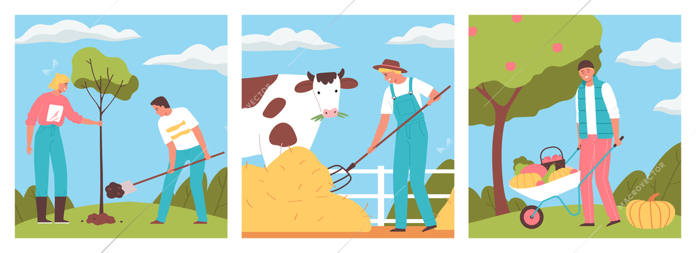 Agriculture flat design concept with happy people planting tree working with pitchfork and harvesting isolated vector illustration