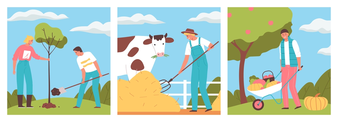 Agriculture flat design concept with happy people planting tree working with pitchfork and harvesting isolated vector illustration