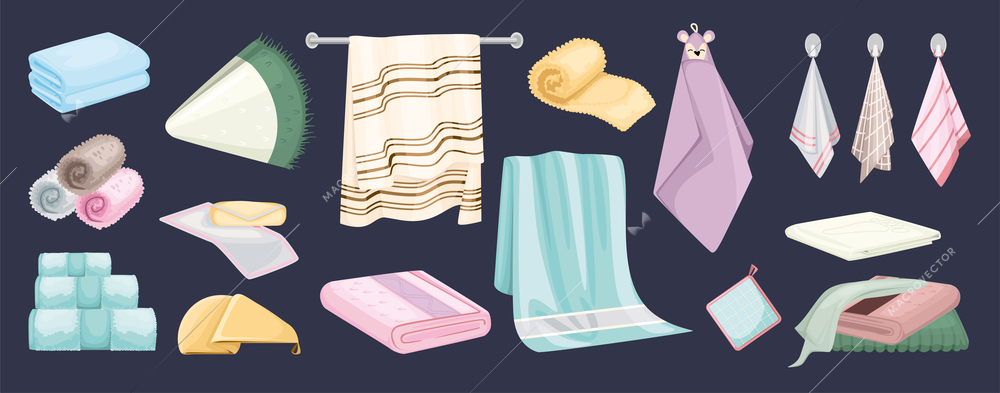 Towel color set with isolated icons of soft towels for bathing and pot holders on hooks vector illustration