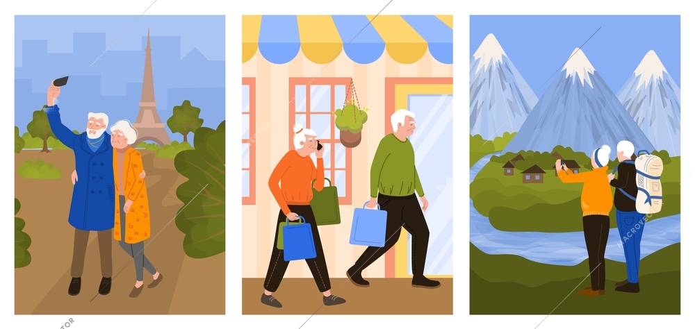 Old people illustration set travel color composition flat vector illustration