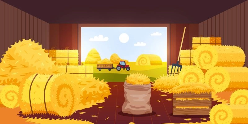 Bales hay barn composition with inside view of barn with open door with haymow and pitchfork vector illustration