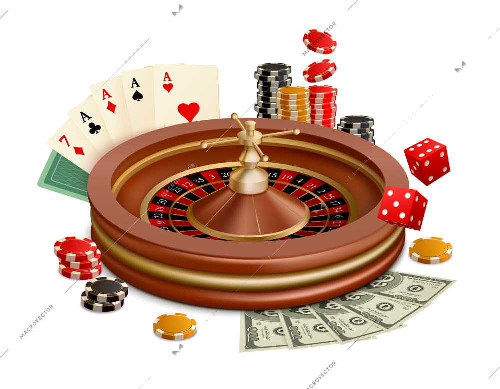 Casino realistic composition with roulette wheel chips dollar banknotes playing cards and dices vector illustration