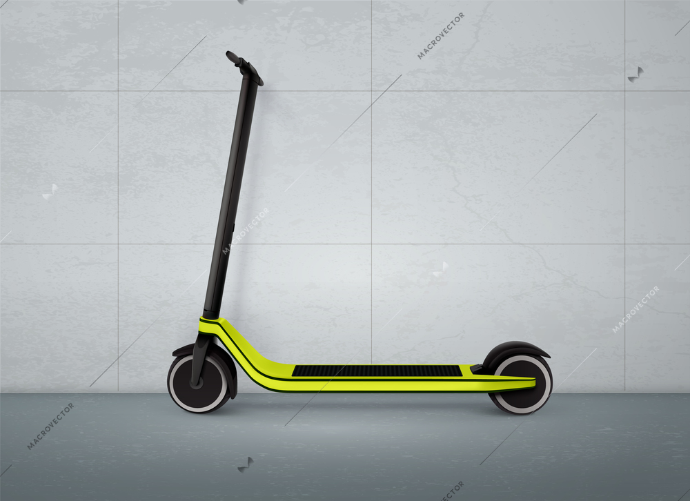 City transport realistic colored concept with side view of electric scooter on tiled wall background vector illustration