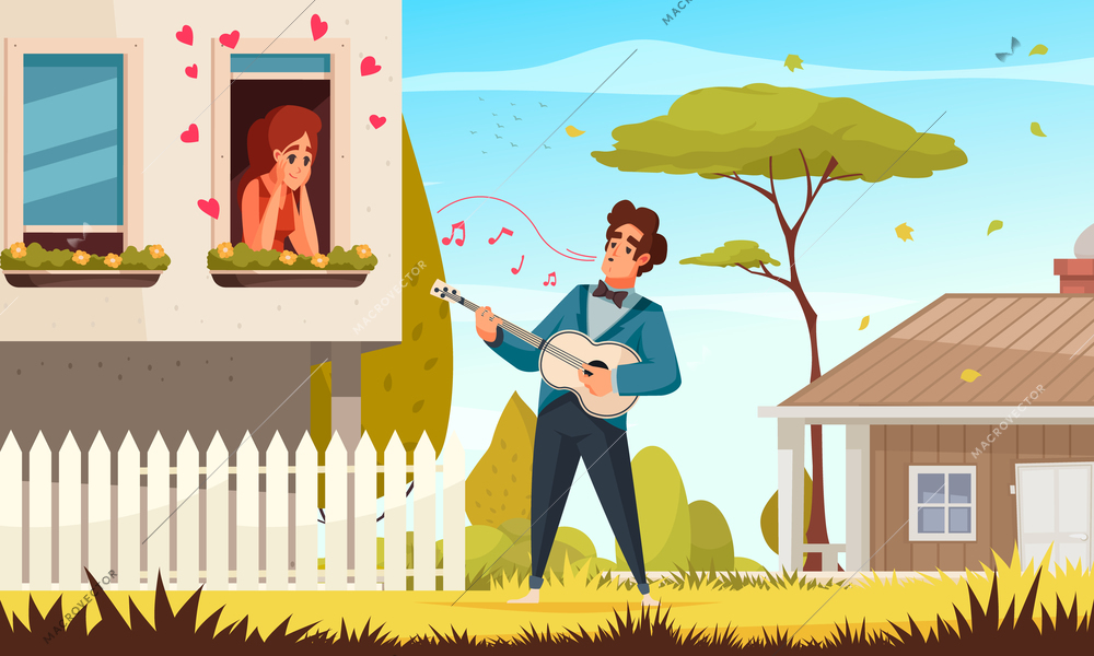 Guitar serenade composition with outdoor view of man in love singing songs to girl in window vector illustration