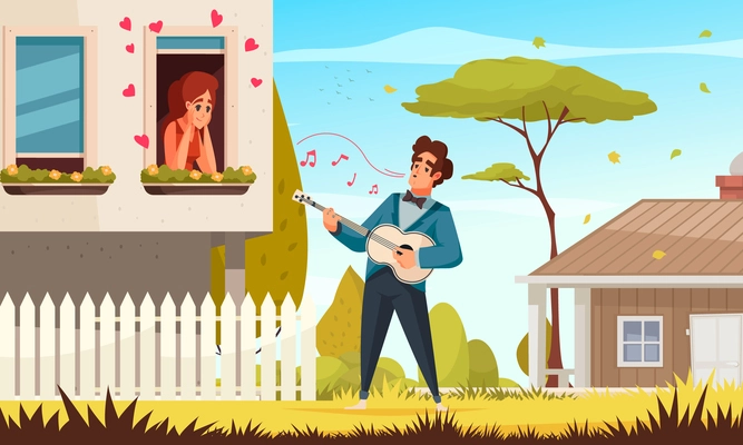 Guitar serenade composition with outdoor view of man in love singing songs to girl in window vector illustration