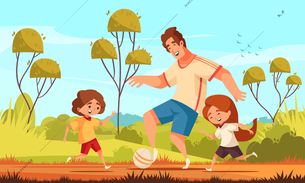 Dad son daughter composition with outdoor suburban landscape and teenage kids playing football with their father vector illustration