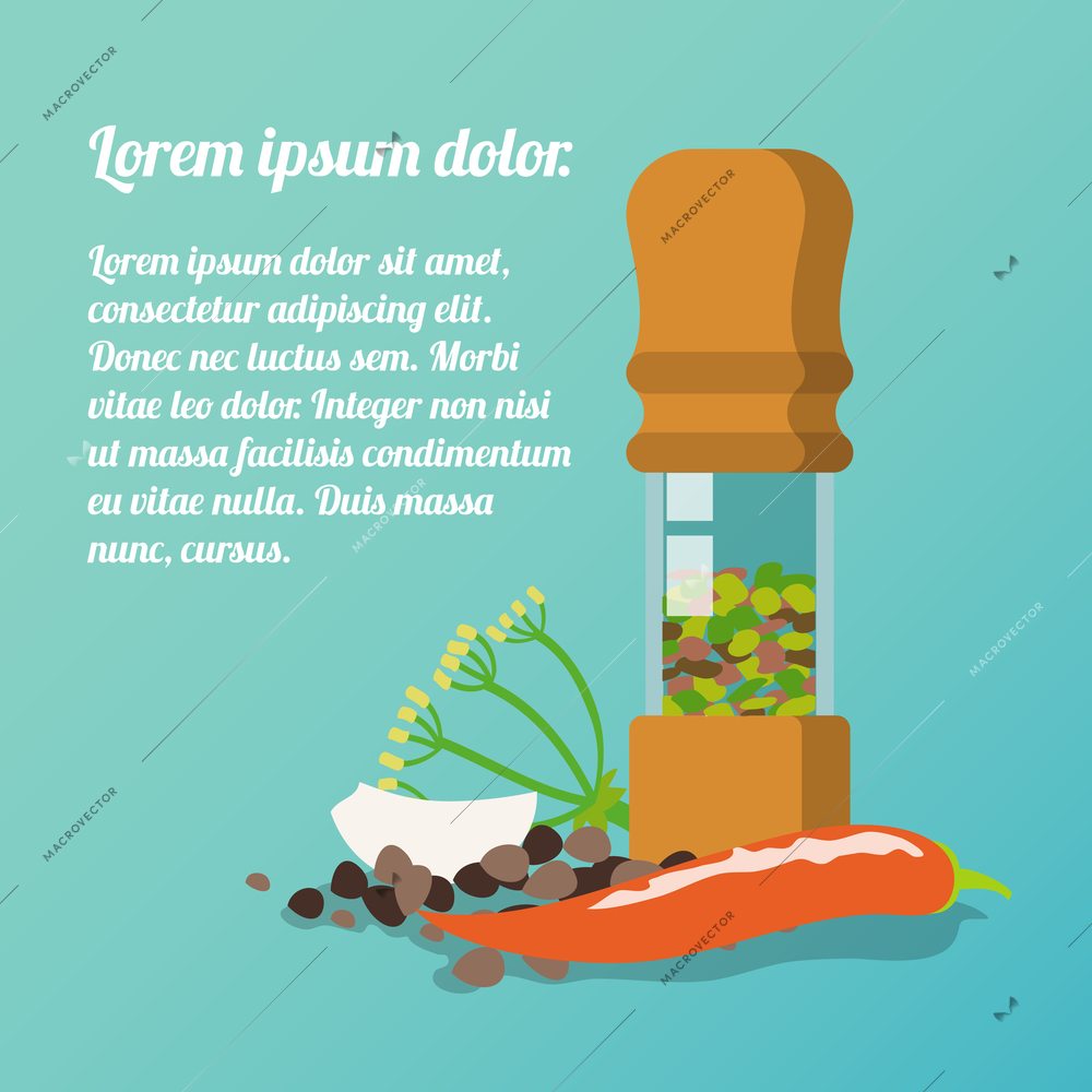 Pepper mill poster with dill garlic chili pepper spices flat set vector illustration