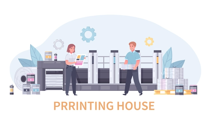 Printing house polygraphy cartoon concept with printing house headline and two employers at the workplace vector illustration