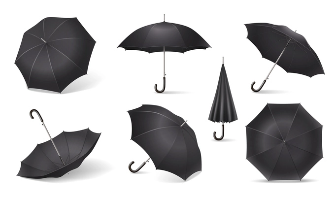 Black realistic umbrella icon set different positioning of umbrellas and positions in the folded and unfolded form vector illustration