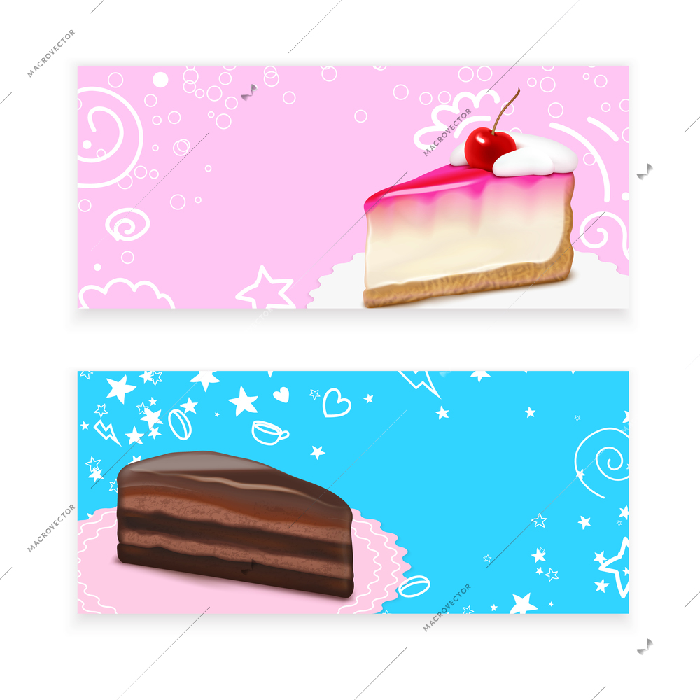 Cheesecake dessert 2 realistic horizontal background banners with vanilla cherry cream chocolate cake pieces isolated vector illustration