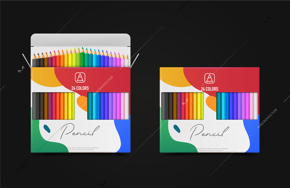 Colored multicolored pencils realistic design concept with packaging isolated vector illustration