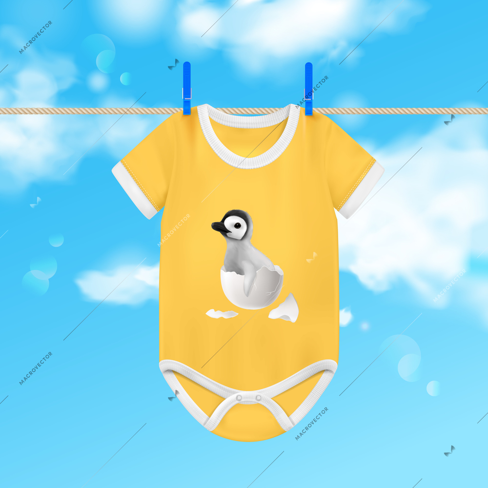 Baby bodysuit realistic background with cute clothes and sky vector illustration