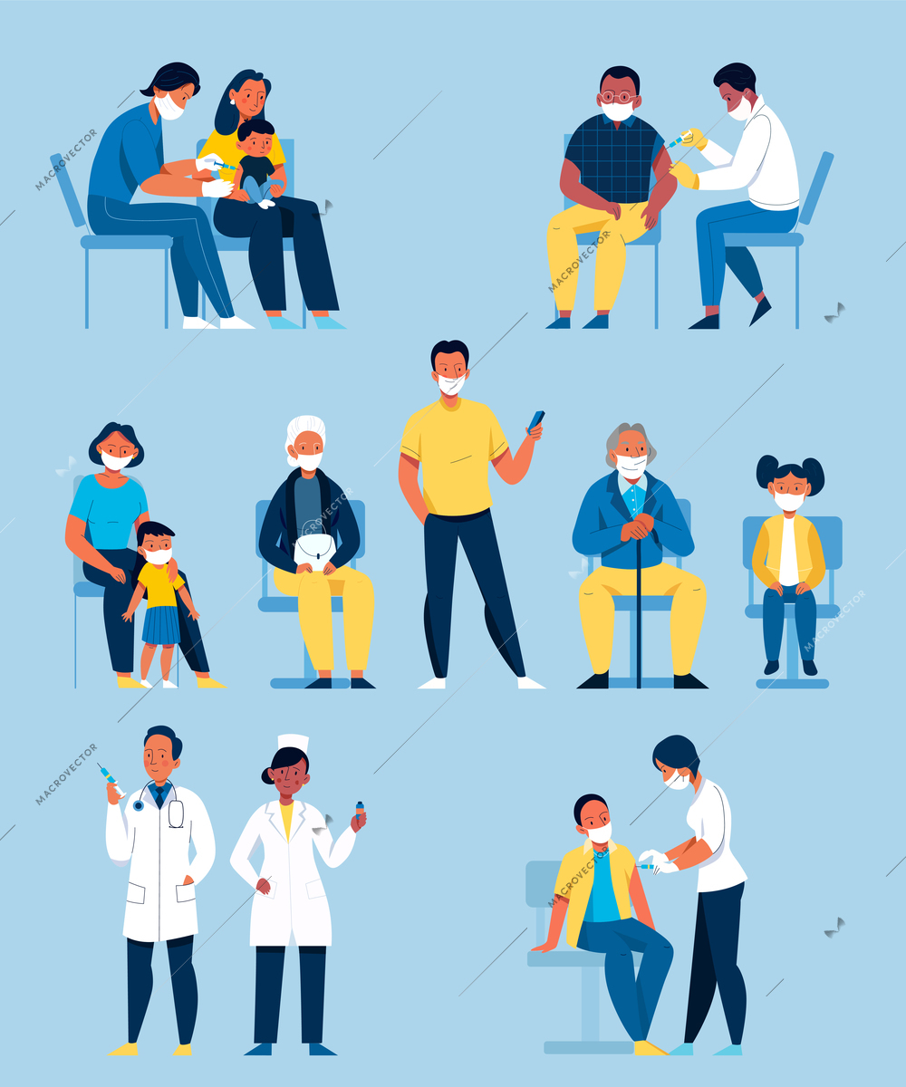 Vaccination flat set with doctors and people of different ages getting vaccinated isolated on blue background vector illustration