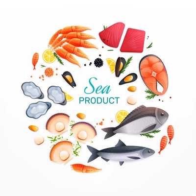 Fresh seafood products realistic circular advertising composition with salmon tuna fish steaks shellfish oysters shrimps vector illustration