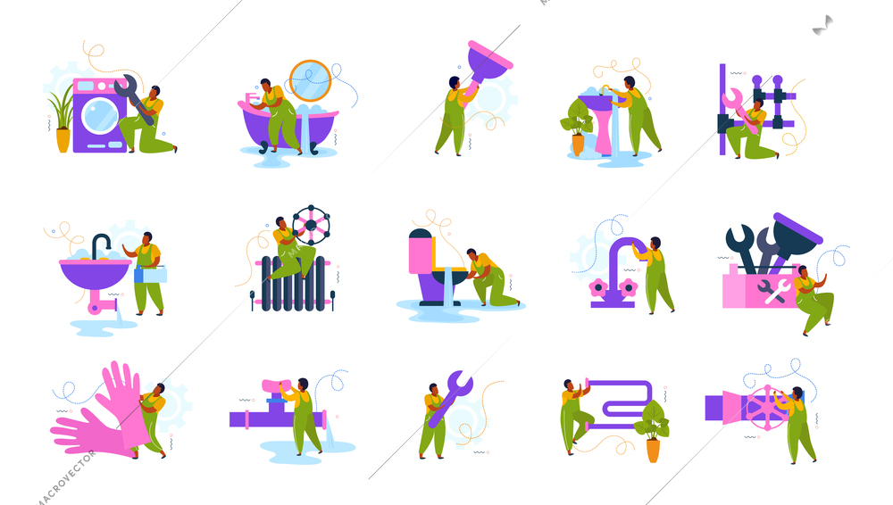 Flat colorful icons set with plumbers fixing leakage repairing washing machine radiator pipes working with wrench isolated vector illustration