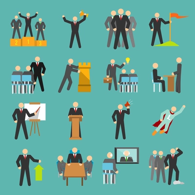 Leadership management teamwork conference and presentation icons flat set isolated vector illustration