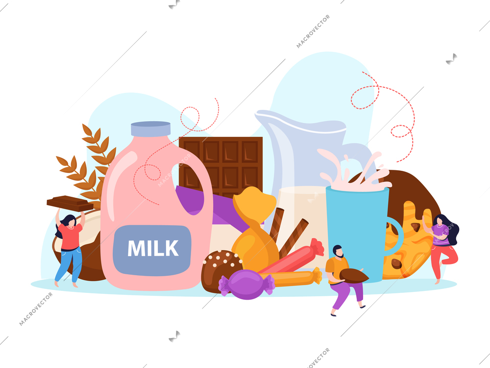 Chocolate sweets bar cookie with milk flat composition vector illustration