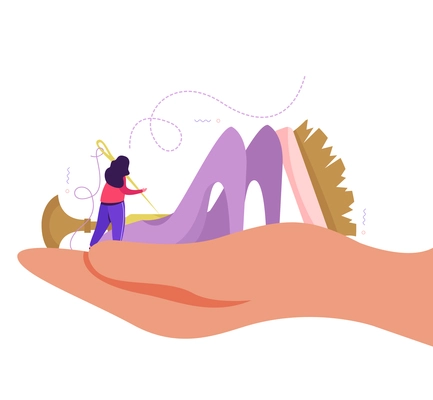 Shoemaker flat composition with human hand and female character repairing high heeled shoes with needle vector illustration