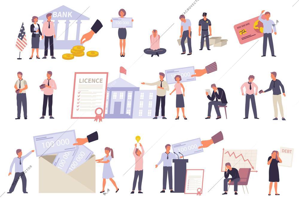 Government support for business during financial crisis flat icons set with characters of happy and bankrupt businessmen and businesswomen isolated vector illustration