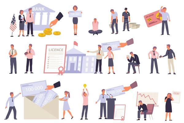 Government support for business during financial crisis flat icons set with characters of happy and bankrupt businessmen and businesswomen isolated vector illustration