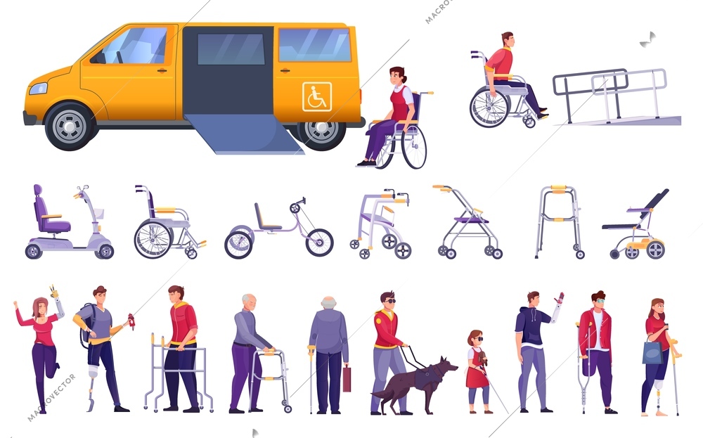Transportation options for disabled people on a white background flat vector illustration